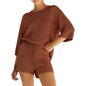 imagePRETTYGARDEN Womens Summer 2 Piece Swimsuit Coverup Hollow Out Knit Half Sleeve Tops Shorts Sets Bathing Suit Beach OutfitsBrown