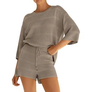 imagePRETTYGARDEN Womens Summer 2 Piece Swimsuit Coverup Hollow Out Knit Half Sleeve Tops Shorts Sets Bathing Suit Beach OutfitsKhaki