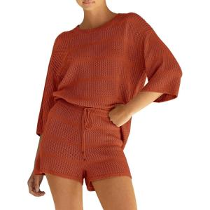 imagePRETTYGARDEN Womens Summer 2 Piece Swimsuit Coverup Hollow Out Knit Half Sleeve Tops Shorts Sets Bathing Suit Beach OutfitsOrange