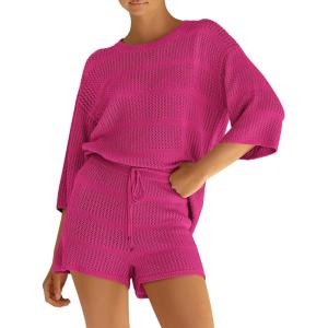 imagePRETTYGARDEN Womens Summer 2 Piece Swimsuit Coverup Hollow Out Knit Half Sleeve Tops Shorts Sets Bathing Suit Beach OutfitsRose Red