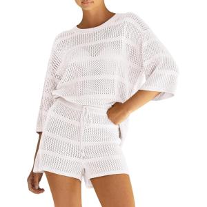 imagePRETTYGARDEN Womens Summer 2 Piece Swimsuit Coverup Hollow Out Knit Half Sleeve Tops Shorts Sets Bathing Suit Beach OutfitsWhite