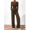 imagePRETTYGARDEN Womens 2 Piece Lounge Sets Asymmetrical Long Sleeve T Shirt Wide Leg Pants Casual Outfits TracksuitBrown