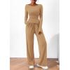 imagePRETTYGARDEN Womens 2 Piece Lounge Sets Asymmetrical Long Sleeve T Shirt Wide Leg Pants Casual Outfits TracksuitKhaki