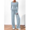 imagePRETTYGARDEN Womens 2 Piece Lounge Sets Asymmetrical Long Sleeve T Shirt Wide Leg Pants Casual Outfits TracksuitLight Blue