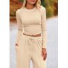 imagePRETTYGARDEN Womens 2 Piece Loungewear Long Sleeve Crop Top Wide Leg Palazzo Pants Set Tracksuits Casual OutfitBeige