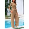 imagePRETTYGARDEN Womens 2 Piece Loungewear Long Sleeve Crop Top Wide Leg Palazzo Pants Set Tracksuits Casual OutfitCamel