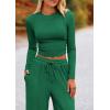 imagePRETTYGARDEN Womens 2 Piece Loungewear Long Sleeve Crop Top Wide Leg Palazzo Pants Set Tracksuits Casual OutfitGreen