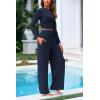 imagePRETTYGARDEN Womens 2 Piece Loungewear Long Sleeve Crop Top Wide Leg Palazzo Pants Set Tracksuits Casual OutfitNavy
