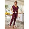 imagePRETTYGARDEN Womens Two Piece Tracksuit Casual Summer V Neck Short Sleeve Tops Drawstring Jogger Pants Lounge Outfit SetsJujube Red