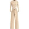 imagePRETTYGARDEN Womens 2 Piece Loungewear Long Sleeve Crop Top Wide Leg Palazzo Pants Set Tracksuits Casual OutfitBeige