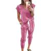 imagePRETTYGARDEN Womens Two Piece Tracksuit Casual Summer V Neck Short Sleeve Tops Drawstring Jogger Pants Lounge Outfit SetsPink