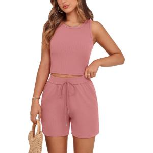imagePRETTYGARDEN Lounge Sets for Women 2025 Summer Two Piece Matching Outfits Beach Vacation Clothes Sleeveless Tops and ShortsPink