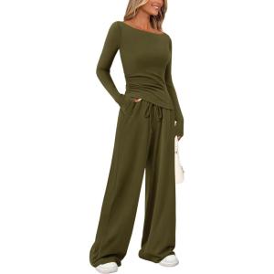 imagePRETTYGARDEN Womens 2 Piece Lounge Sets Asymmetrical Long Sleeve T Shirt Wide Leg Pants Casual Outfits TracksuitArmy Green