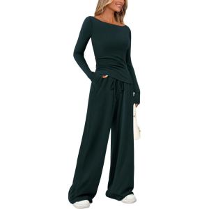 imagePRETTYGARDEN Womens 2 Piece Lounge Sets Asymmetrical Long Sleeve T Shirt Wide Leg Pants Casual Outfits TracksuitDark Blue