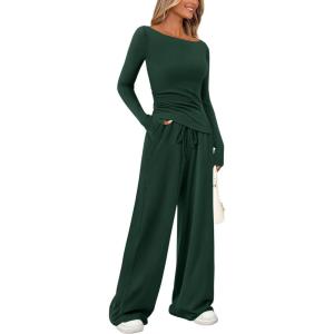 imagePRETTYGARDEN Womens 2 Piece Lounge Sets Asymmetrical Long Sleeve T Shirt Wide Leg Pants Casual Outfits TracksuitDark Green