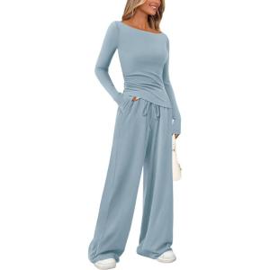 imagePRETTYGARDEN Womens 2 Piece Lounge Sets Asymmetrical Long Sleeve T Shirt Wide Leg Pants Casual Outfits TracksuitLight Blue
