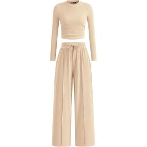 imagePRETTYGARDEN Womens 2 Piece Loungewear Long Sleeve Crop Top Wide Leg Palazzo Pants Set Tracksuits Casual OutfitBeige