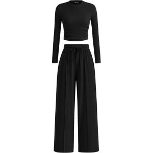 imagePRETTYGARDEN Womens 2 Piece Loungewear Long Sleeve Crop Top Wide Leg Palazzo Pants Set Tracksuits Casual OutfitBlack