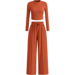 imagePRETTYGARDEN Womens 2 Piece Loungewear Long Sleeve Crop Top Wide Leg Palazzo Pants Set Tracksuits Casual OutfitBrick Red
