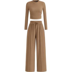 imagePRETTYGARDEN Womens 2 Piece Loungewear Long Sleeve Crop Top Wide Leg Palazzo Pants Set Tracksuits Casual OutfitCamel