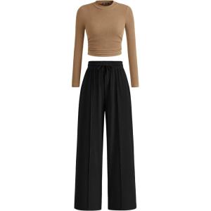 imagePRETTYGARDEN Womens 2 Piece Loungewear Long Sleeve Crop Top Wide Leg Palazzo Pants Set Tracksuits Casual OutfitCamel Black