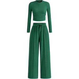 imagePRETTYGARDEN Womens 2 Piece Loungewear Long Sleeve Crop Top Wide Leg Palazzo Pants Set Tracksuits Casual OutfitGreen