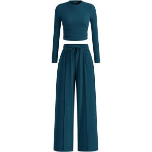 imagePRETTYGARDEN Womens 2 Piece Loungewear Long Sleeve Crop Top Wide Leg Palazzo Pants Set Tracksuits Casual OutfitLake Blue