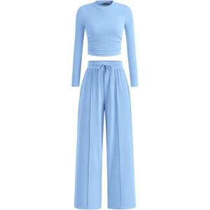 imagePRETTYGARDEN Womens 2 Piece Loungewear Long Sleeve Crop Top Wide Leg Palazzo Pants Set Tracksuits Casual OutfitLight Blue