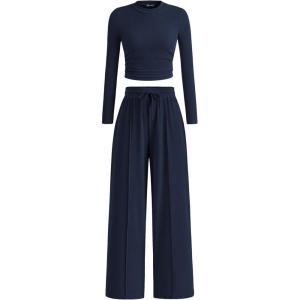 imagePRETTYGARDEN Womens 2 Piece Loungewear Long Sleeve Crop Top Wide Leg Palazzo Pants Set Tracksuits Casual OutfitNavy