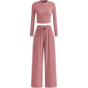 imagePRETTYGARDEN Womens 2 Piece Loungewear Long Sleeve Crop Top Wide Leg Palazzo Pants Set Tracksuits Casual OutfitPink