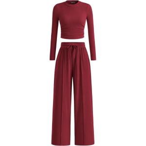 imagePRETTYGARDEN Womens 2 Piece Loungewear Long Sleeve Crop Top Wide Leg Palazzo Pants Set Tracksuits Casual OutfitWine Red