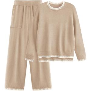 imagePRETTYGARDEN Womens 2 Piece Knit Sweater Outfit Casual Long Sleeve Pullover Wide Leg Pants Tracksuit Loungewear SetBeige Apricot