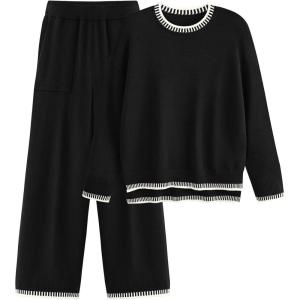 imagePRETTYGARDEN Womens 2 Piece Knit Sweater Outfit Casual Long Sleeve Pullover Wide Leg Pants Tracksuit Loungewear SetBlack