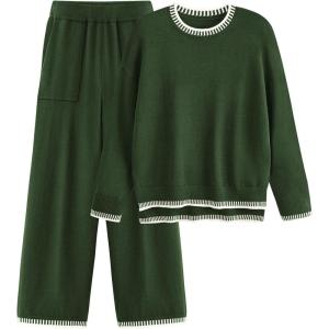 imagePRETTYGARDEN Womens 2 Piece Knit Sweater Outfit Casual Long Sleeve Pullover Wide Leg Pants Tracksuit Loungewear SetDark Green