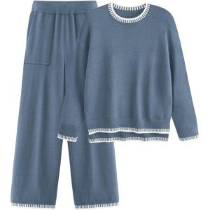imagePRETTYGARDEN Womens 2 Piece Knit Sweater Outfit Casual Long Sleeve Pullover Wide Leg Pants Tracksuit Loungewear SetHaze Blue