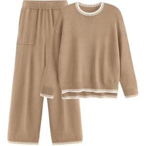 imagePRETTYGARDEN Womens 2 Piece Knit Sweater Outfit Casual Long Sleeve Pullover Wide Leg Pants Tracksuit Loungewear SetKhaki