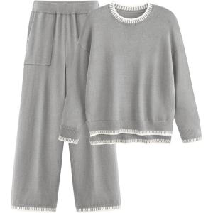 imagePRETTYGARDEN Womens 2 Piece Knit Sweater Outfit Casual Long Sleeve Pullover Wide Leg Pants Tracksuit Loungewear SetLight Grey