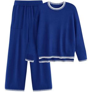 imagePRETTYGARDEN Womens 2 Piece Knit Sweater Outfit Casual Long Sleeve Pullover Wide Leg Pants Tracksuit Loungewear SetRoyal Blue