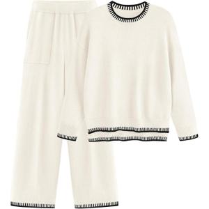 imagePRETTYGARDEN Womens 2 Piece Knit Sweater Outfit Casual Long Sleeve Pullover Wide Leg Pants Tracksuit Loungewear SetWhite