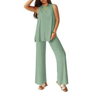 imagePRETTYGARDEN Womens 2 Piece Lounge Set 2025 Summer Casual Loose Tank Top Wide Leg Pants Matching Travel Outfits TracksuitBean Green