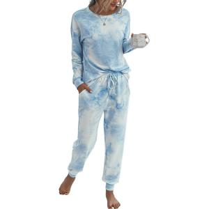 imagePRETTYGARDEN Womens Tie Dye Two Piece Pajamas Set Casual Long Sleeve Sweatshirt with Long Pants LoungewearBlue