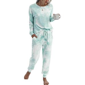 imagePRETTYGARDEN Womens Tie Dye Two Piece Pajamas Set Casual Long Sleeve Sweatshirt with Long Pants LoungewearGreen