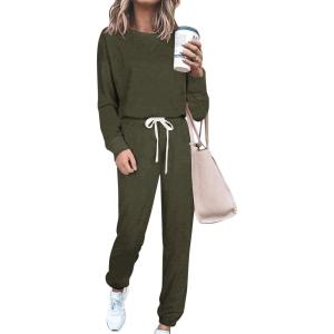 imagePRETTYGARDEN Womens Tie Dye Two Piece Pajamas Set Casual Long Sleeve Sweatshirt with Long Pants LoungewearSolid Army Green