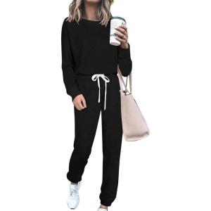 imagePRETTYGARDEN Womens Tie Dye Two Piece Pajamas Set Casual Long Sleeve Sweatshirt with Long Pants LoungewearSolid Black