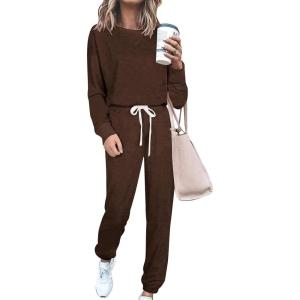 imagePRETTYGARDEN Womens Tie Dye Two Piece Pajamas Set Casual Long Sleeve Sweatshirt with Long Pants LoungewearSolid Coffee