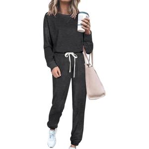 imagePRETTYGARDEN Womens Tie Dye Two Piece Pajamas Set Casual Long Sleeve Sweatshirt with Long Pants LoungewearSolid Dark Grey