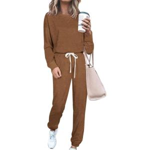 imagePRETTYGARDEN Womens Tie Dye Two Piece Pajamas Set Casual Long Sleeve Sweatshirt with Long Pants LoungewearSolid Khaki