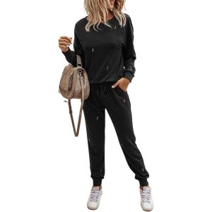 imagePRETTYGARDEN Womens Tie Dye Two Piece Pajamas Set Casual Long Sleeve Sweatshirt with Long Pants LoungewearSolidblack