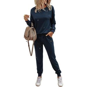 imagePRETTYGARDEN Womens Tie Dye Two Piece Pajamas Set Casual Long Sleeve Sweatshirt with Long Pants LoungewearSolidnavy