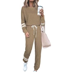 imagePRETTYGARDEN Womens Tie Dye Two Piece Pajamas Set Casual Long Sleeve Sweatshirt with Long Pants LoungewearStriped Khaki